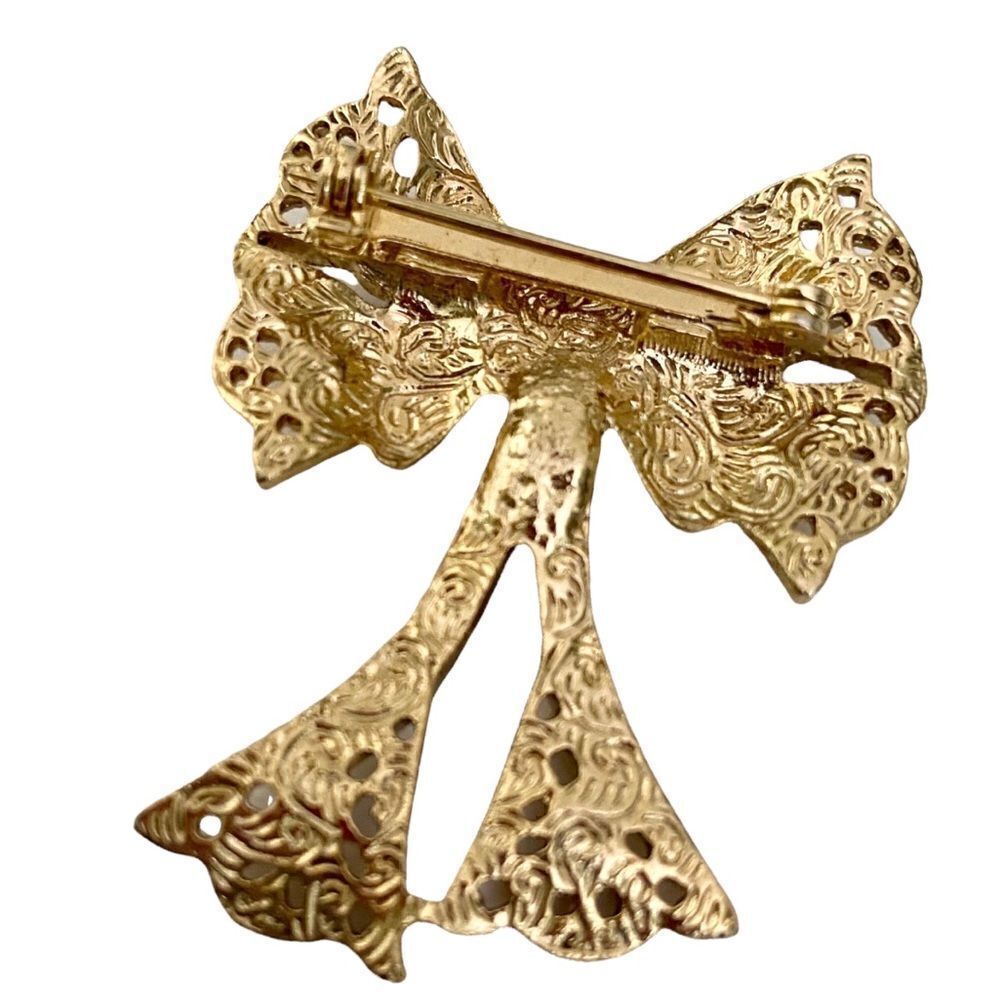 Vintage Textured Gold Tone Bow Shape with Faux Pearl/Stone Brooch Lapel - Picture 4 of 5